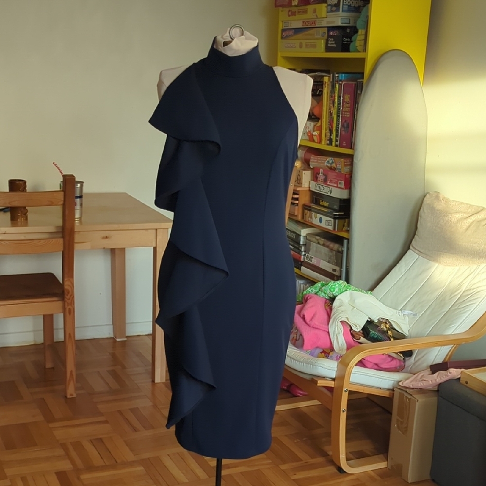 Navy Midi Cocktail Dress With Mockneck And Front Flounce Detail